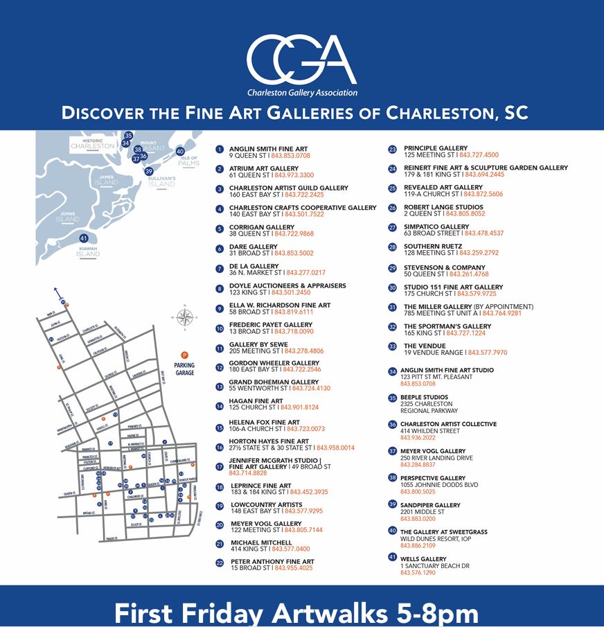 Map with numbered locations for the Art Walk on the First Friday of the month a Hidden Gem in Charleston, SC