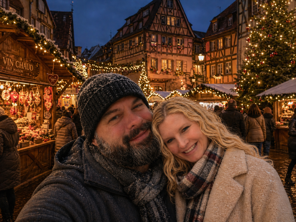 Casey Keller from Wandering Everywhere and her husband at a Christmas market in Colmar, France while exploring Colmar's hidden Christmas courtyards
