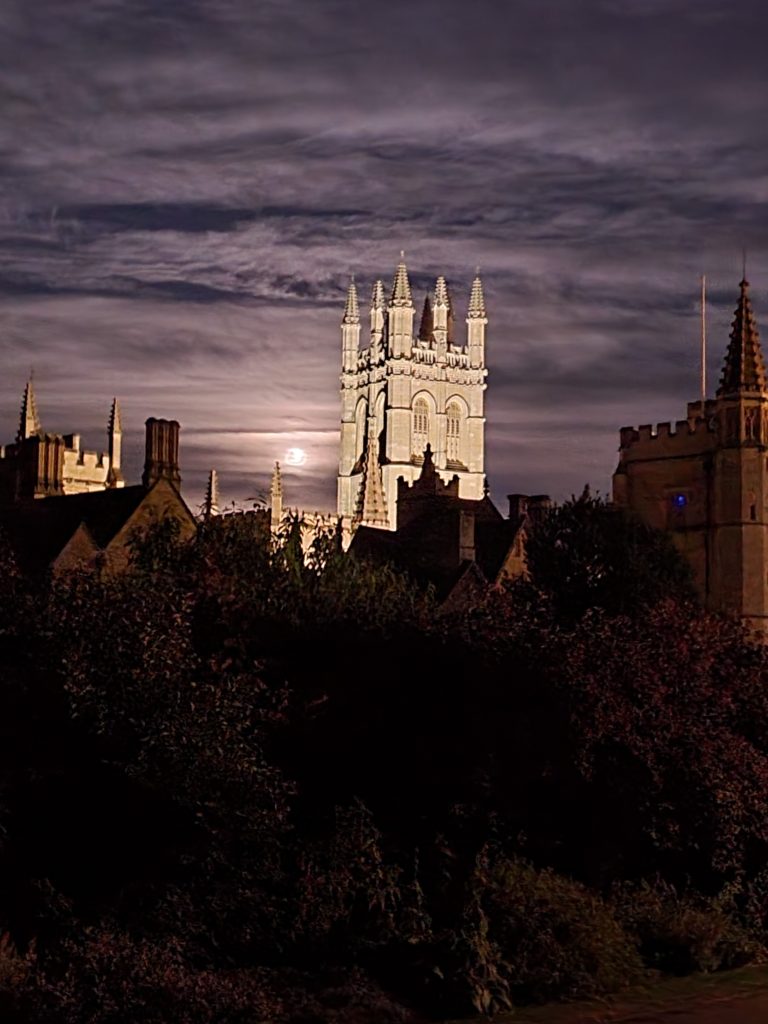 Oxford for couples Magdalen College tower in the night with full moon in the background