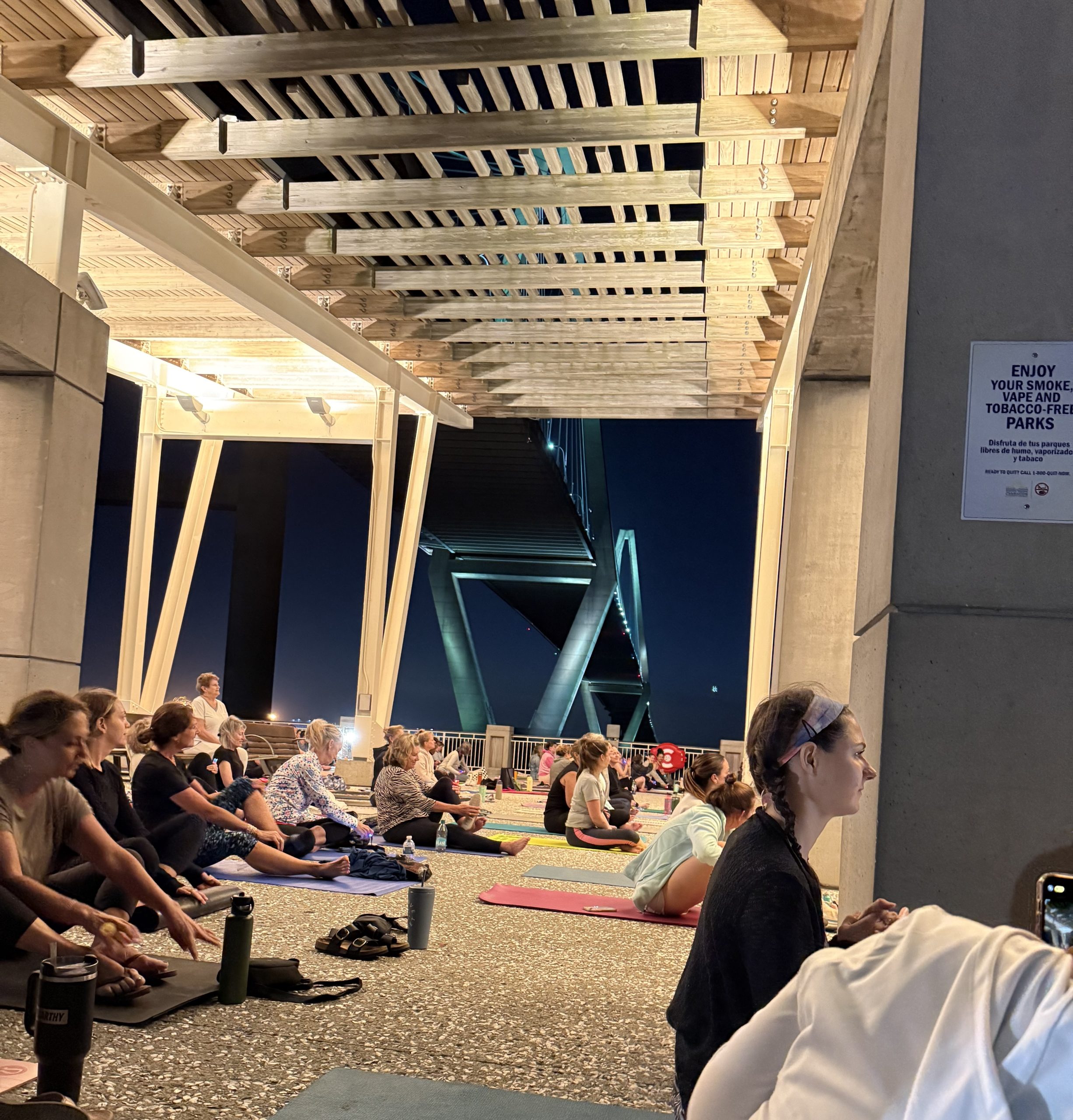 People doing yoga under a trellises with the cooper river bridge and water in the background. It is night time.