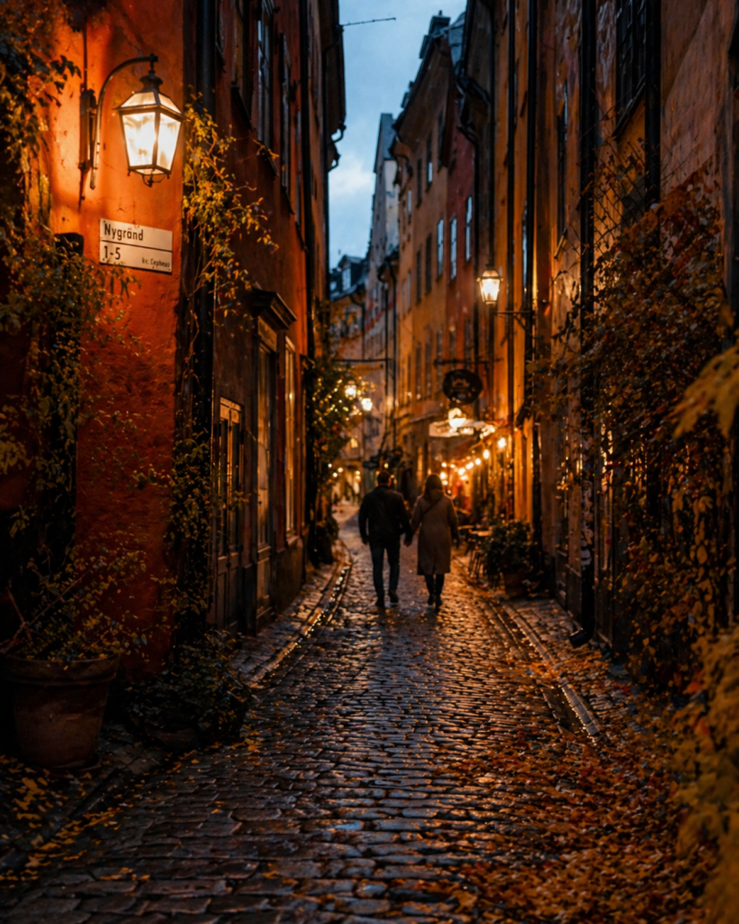Two people walking down an alleyway in Gamla Stan in Stockholm, Sweden in October right after dark. The alleyway is light and you can see leaves on the ground as well as slick bricks from the rain
