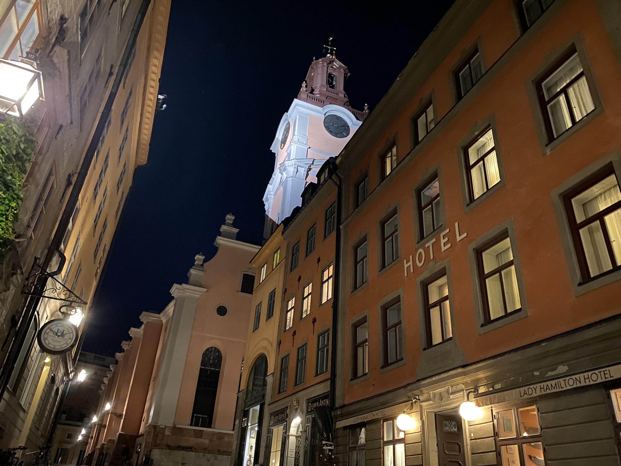 Stockholm in October looking down the deserted street at night