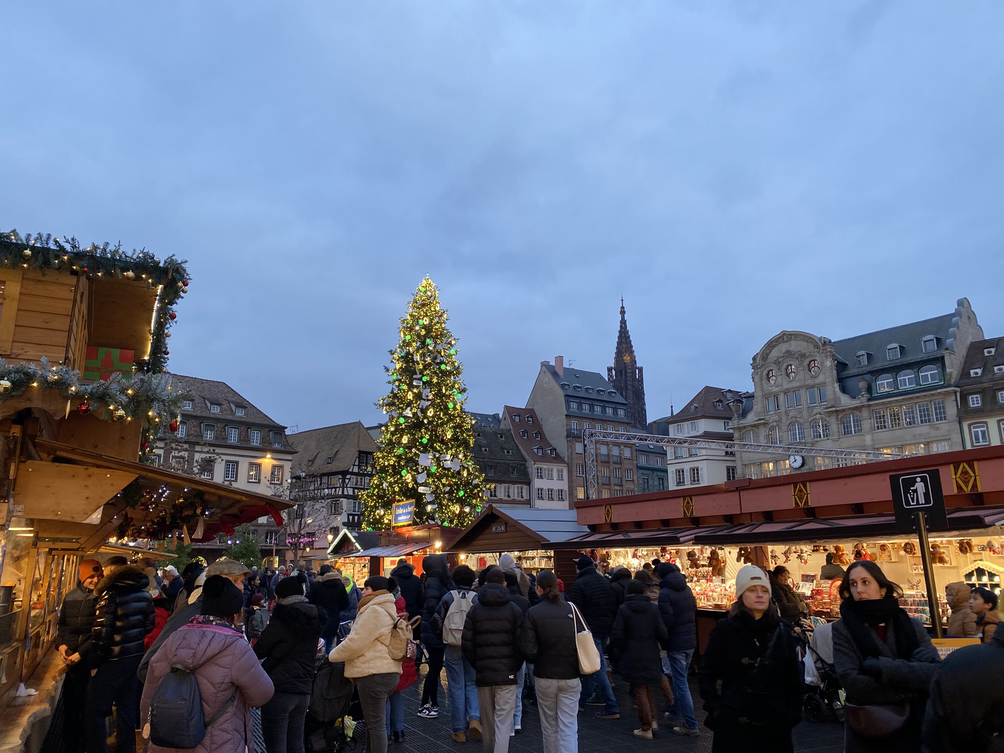 Christmas market in Strasbourg France with giant Christmas tree behind market and a crowd of people  in the market in  Strasbourg Christmas market