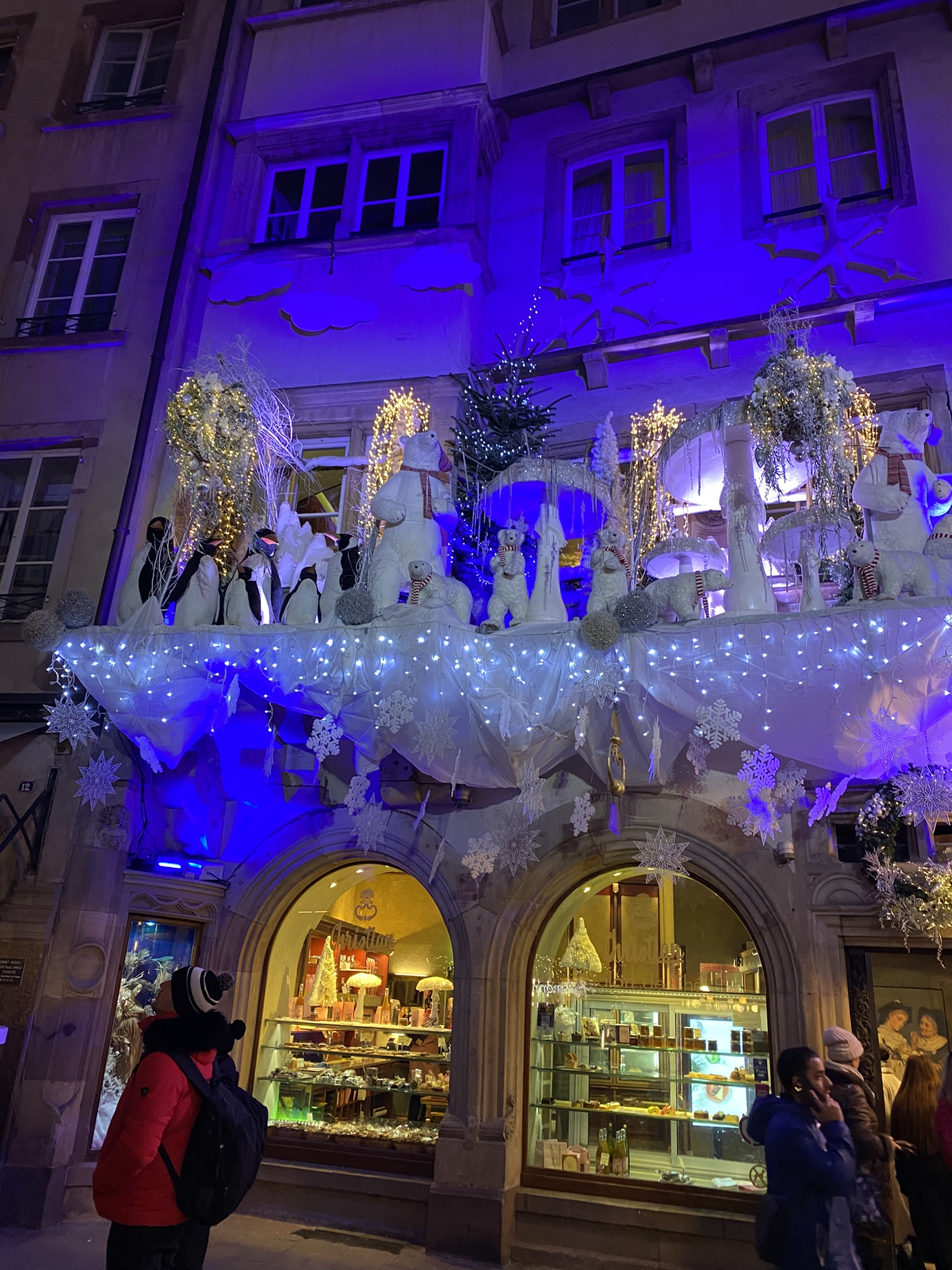 Strasbourg Christmas Market shop decorated with polar bears and blue lights