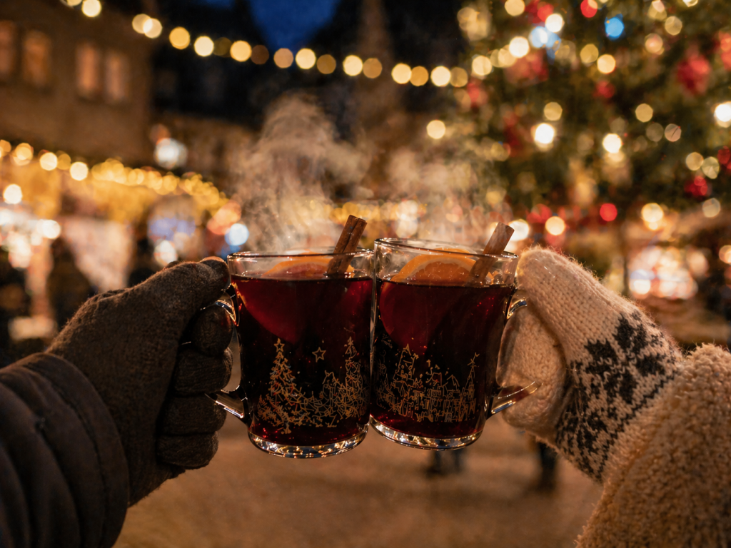 Two gloved hands toasting warm mulled wine with Christmas decorations in the background in Paris in December