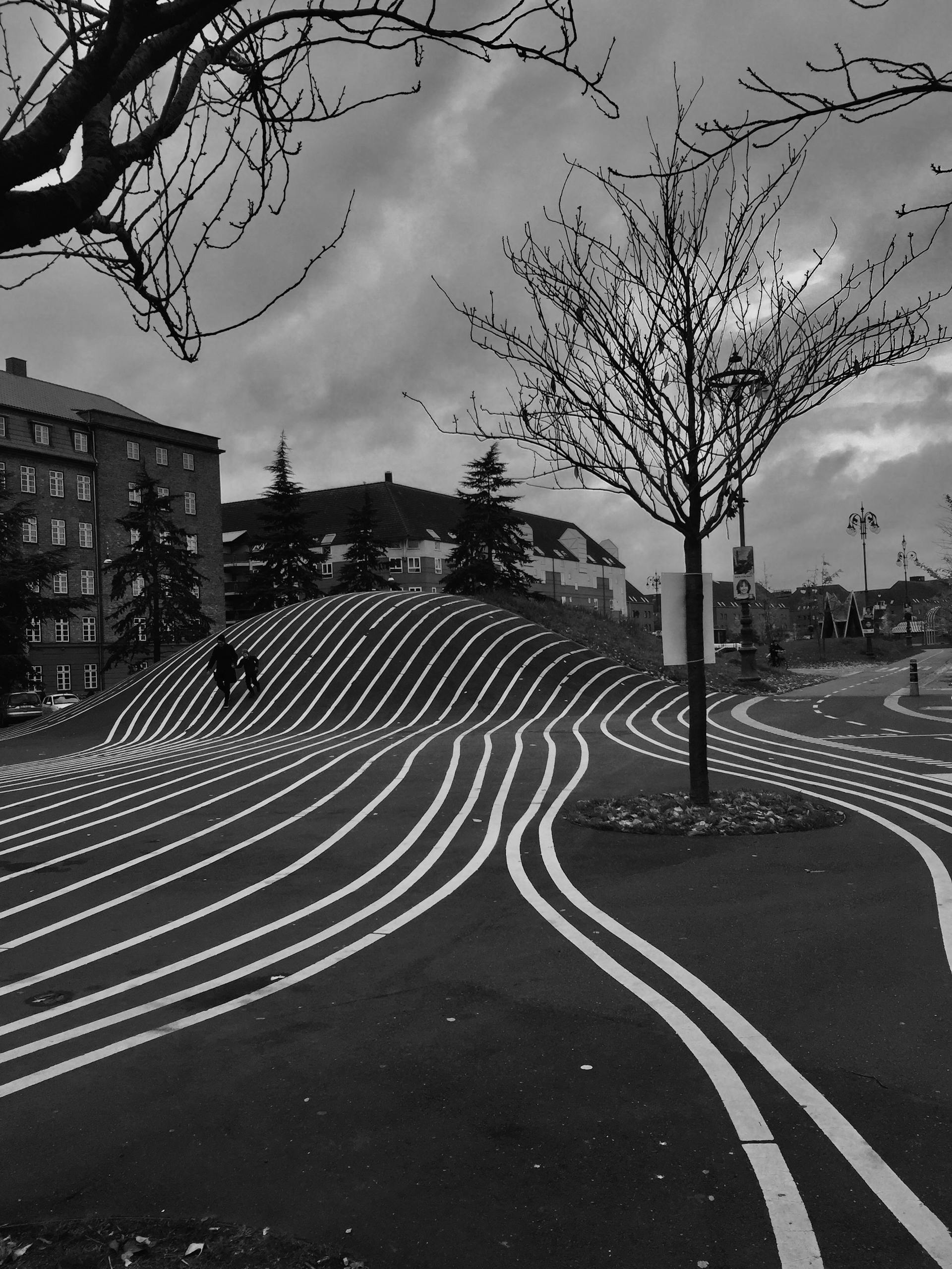 Black and white photo capturing the dynamic lines at Superkilen Park in Copenhagen unique experiences.