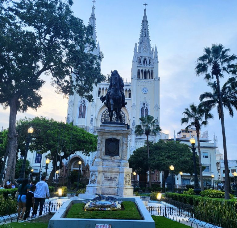Large church behind igauna park in Guayaquil Ecuador