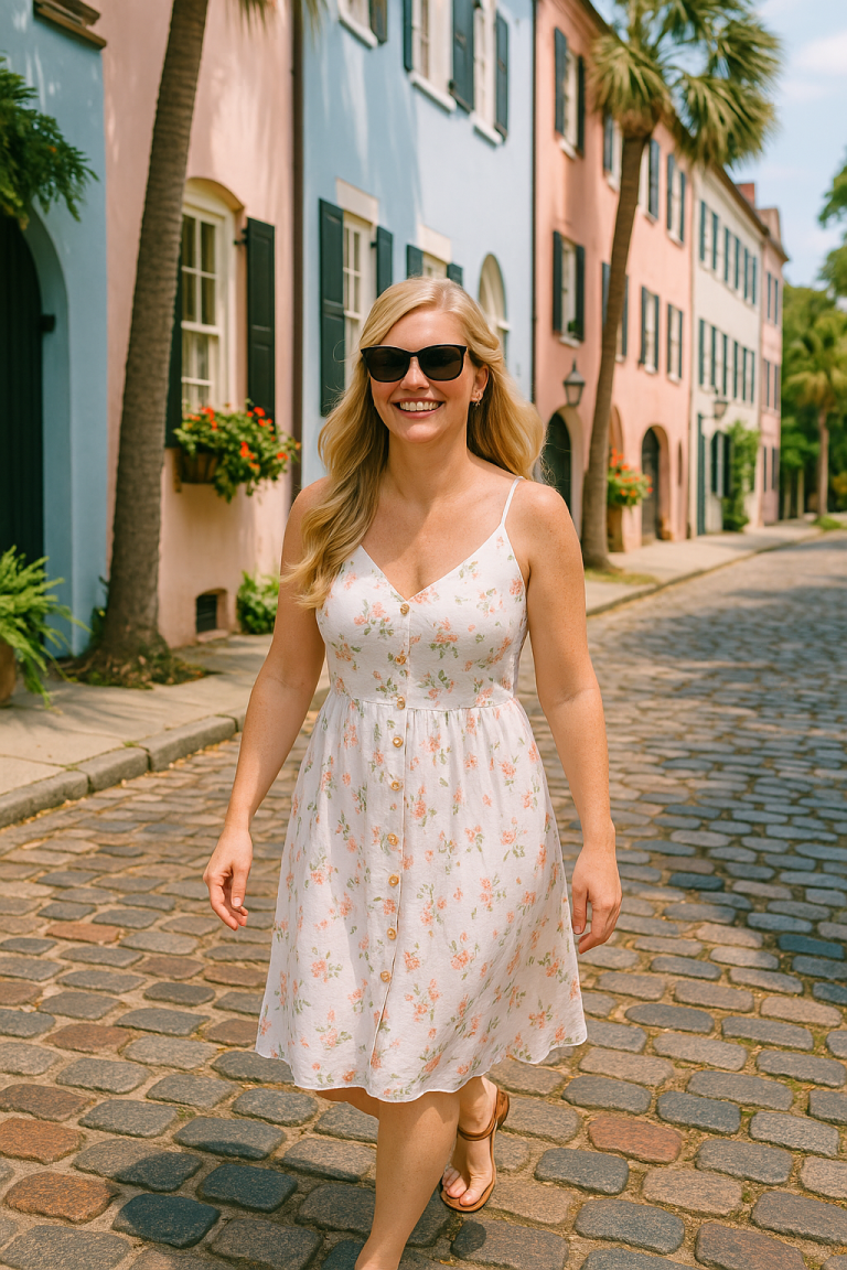 Women walking down the cobelstone street of Tradd St. in Charleston, SC in a sundress and sunglasses