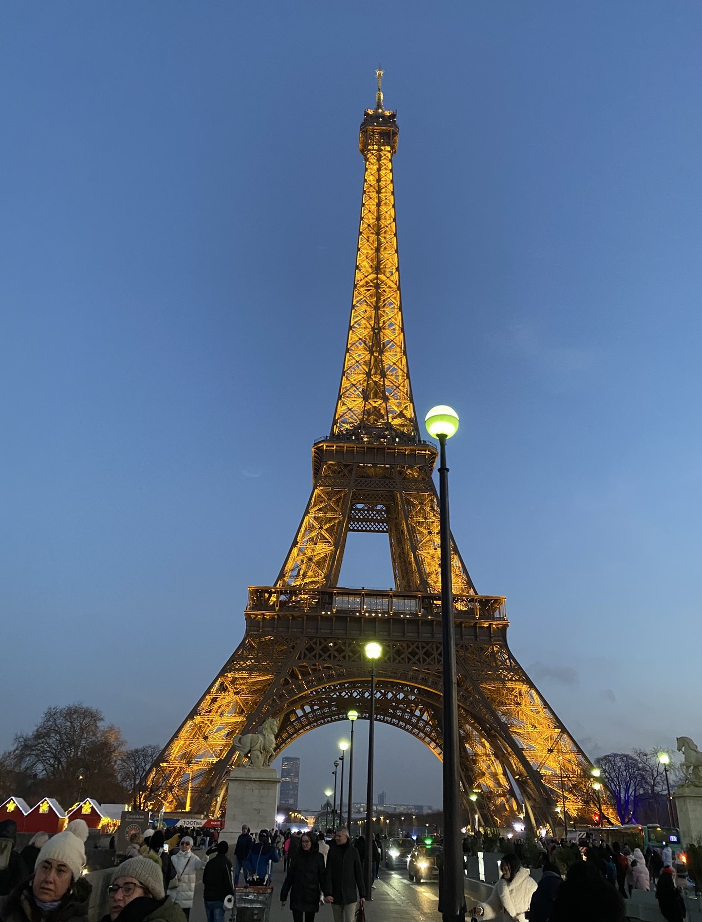 Eiffel Tower tower on clear winter night just after the sun has gone down