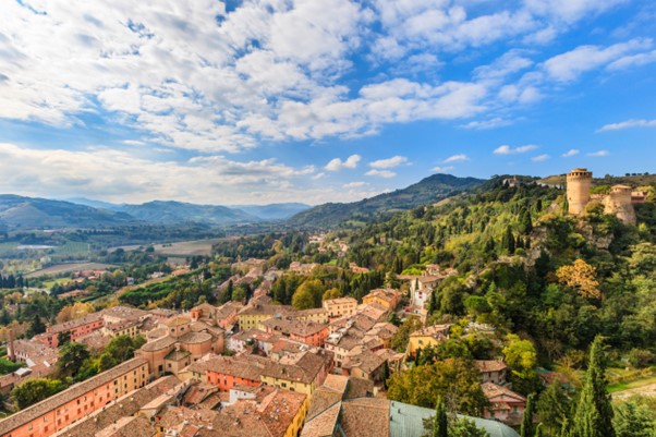 Small town in Italy as seen from above Brisighella's old European village