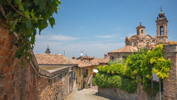 Brown stone walkway in old European town which is Neive a small towns in italy