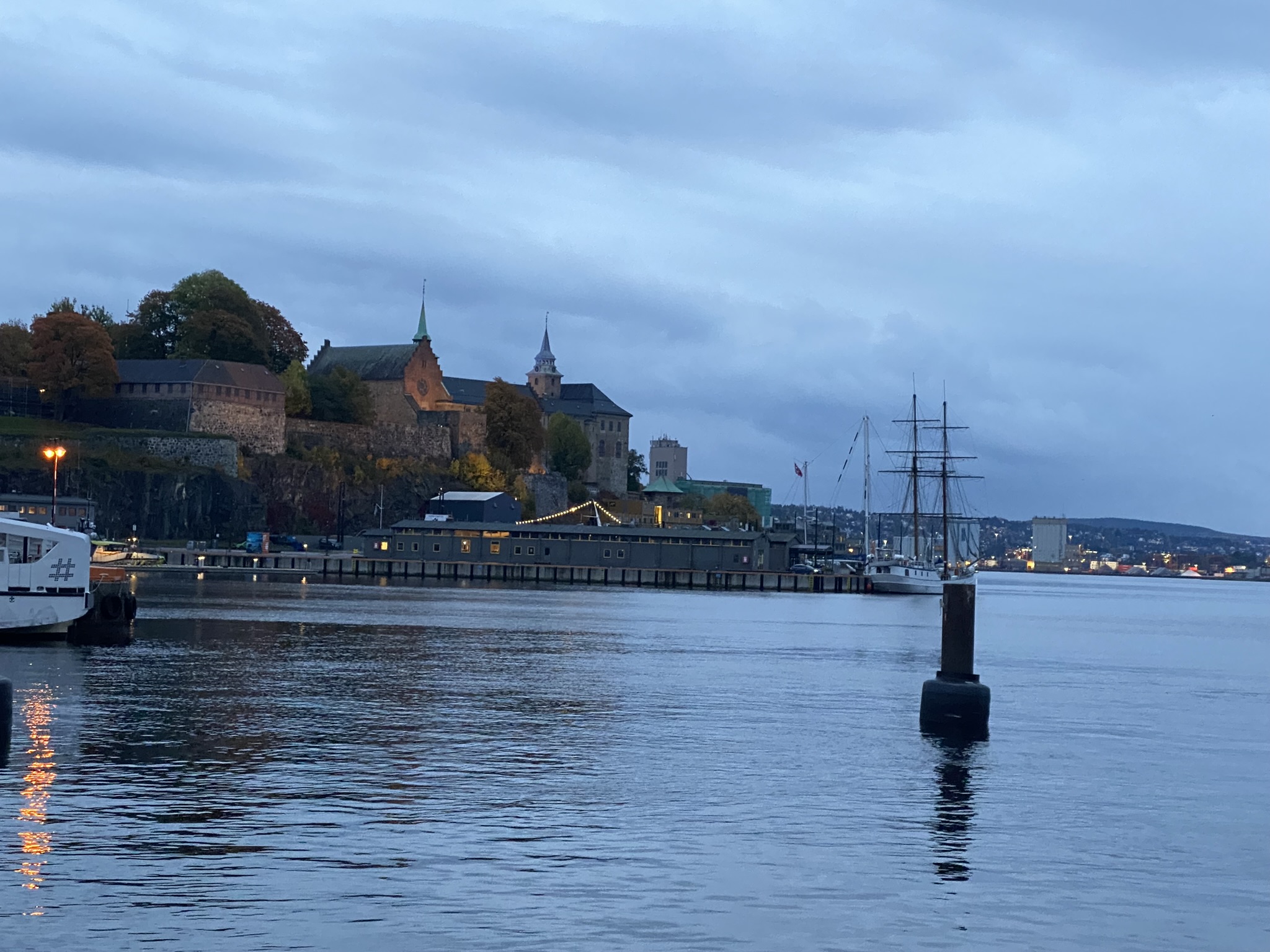 Akershus Castle from across the water at dusk in romantic spots in Oslo, Norway