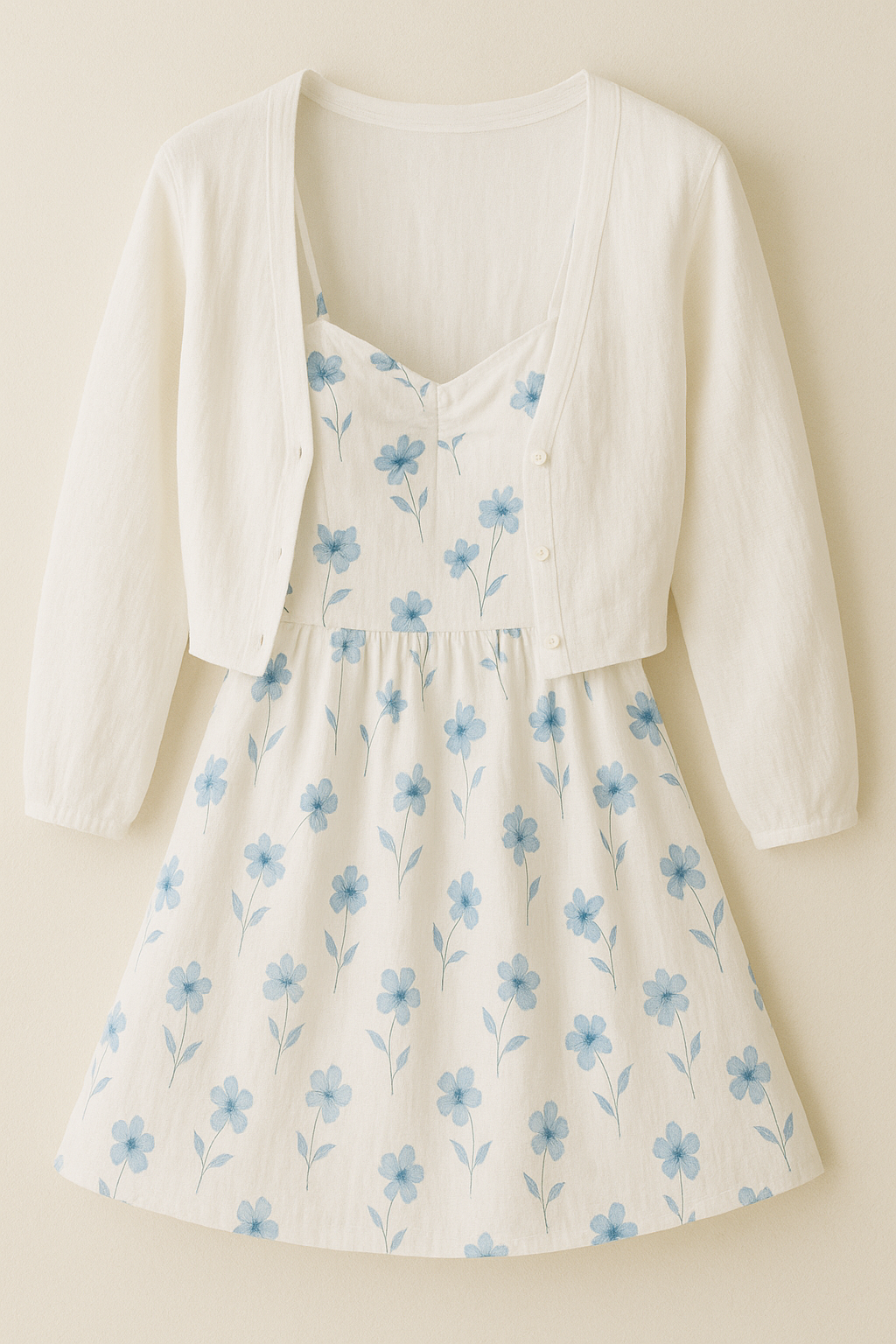 What to pack for Charleston so you don't melt shows an image of a white knee length sundress with light blue flowers and a white cardigan to wear when you go into the air-conditioning.