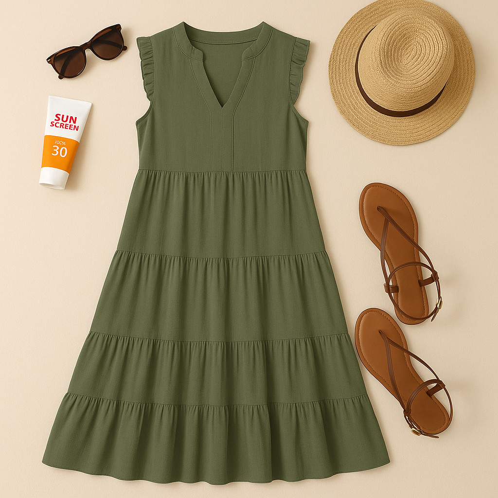 What to pack for Charleston in the summer shows an outfit paid out on an off white background which includes an olive mid-length flowy sundress, sunglasses, sunblock, a sunhat, and sandals