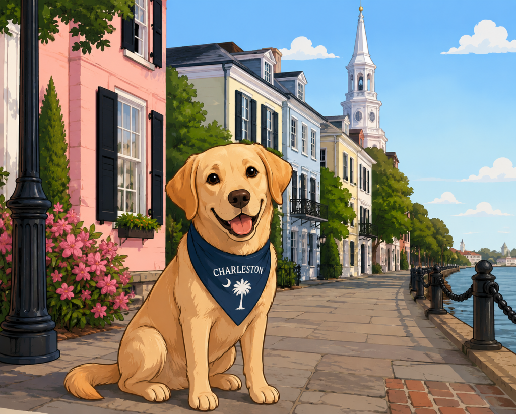 Cartoon image of a yellow lab with a Charleston bandana on, sitting near Rainbow Row in historic Charleston, South Carolina