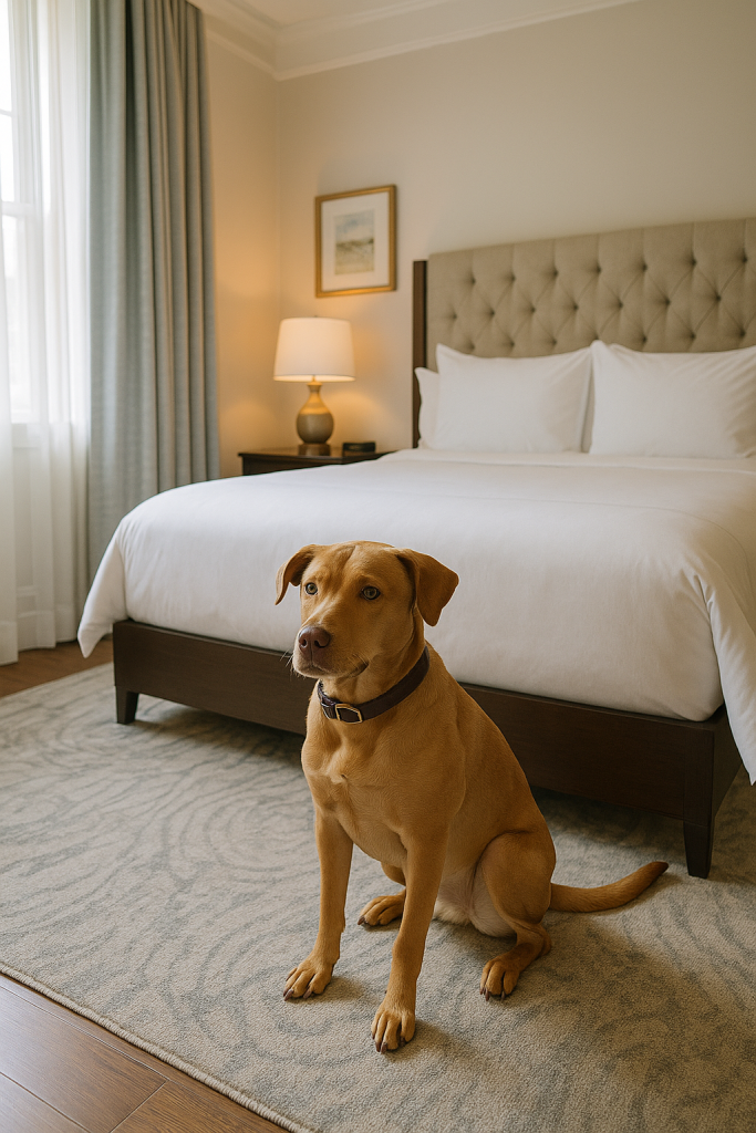 Yellow Lab sitting nicely at the bottom of a bed in a nice hotel room in dog friendly Charleston