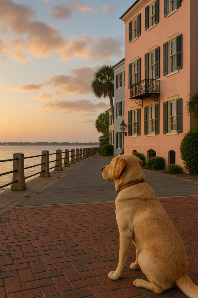 Yellow lab sitting on a walkway, looking into the harbor with Charlestonian style homes in the background