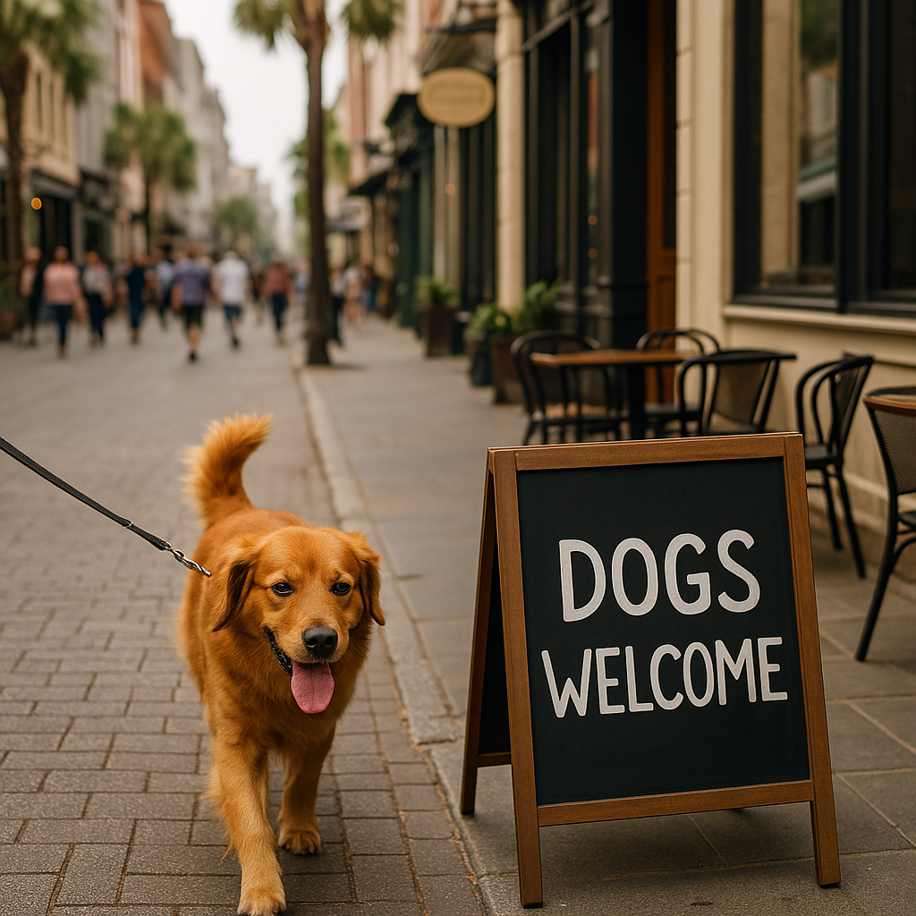 Golden Retriever being walked down King St. next to sign that says "Dogs Welcome" in dog friendly Charleston