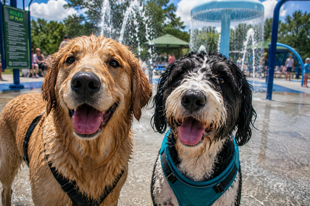 A wet Golden retriever and doodle enjoying dog day afternoon at Charleston County Parks in Charleston, SC