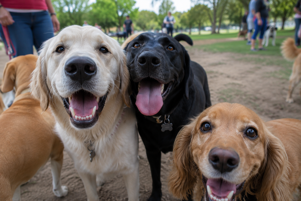 Several dogs, including a golden retriever, a black lab and a daushound mix, enjoying themselves at the Charleston County Park in Charleston, South Carolina
