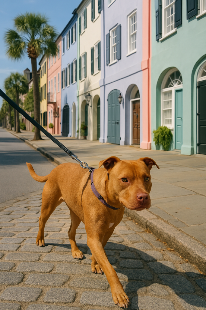 Brown dog walking on a leash down E. Bay Lane by Rainbow Row while touring dog friendly Charleston