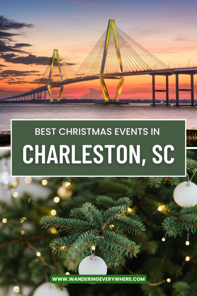 2 images. The top is the Ravanel Bridge in Charleston, SC as the sun is setting. The bottom is a close up of a Christmas tree branch