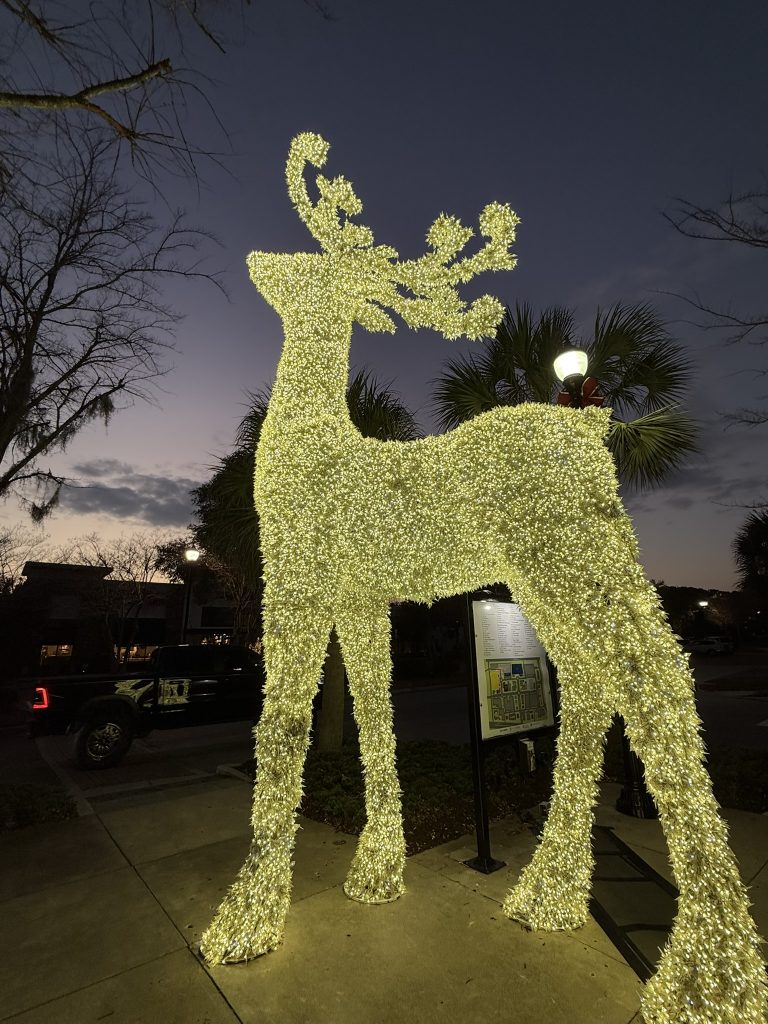 Giant reindeer made of all Christmas lights in the best Christmas events in Charleston, SC