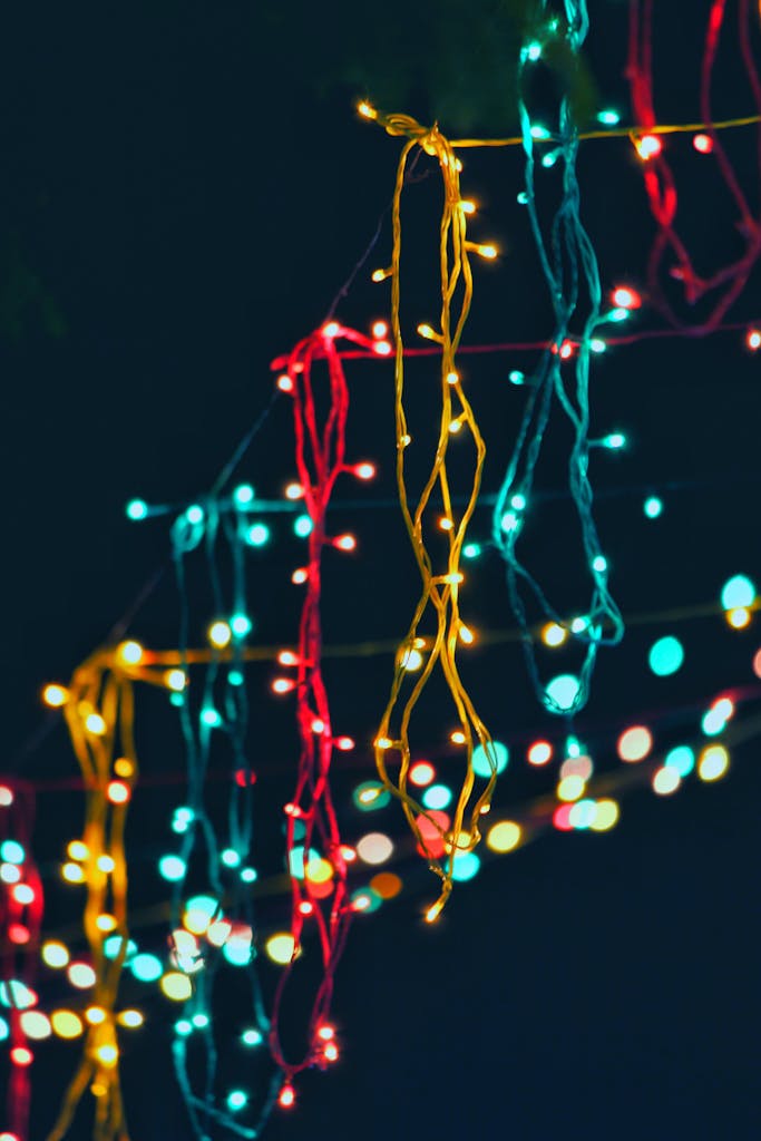 Vibrant string lights hanging outdoors create a festive and colorful atmosphere night in Charleston Holiday runs