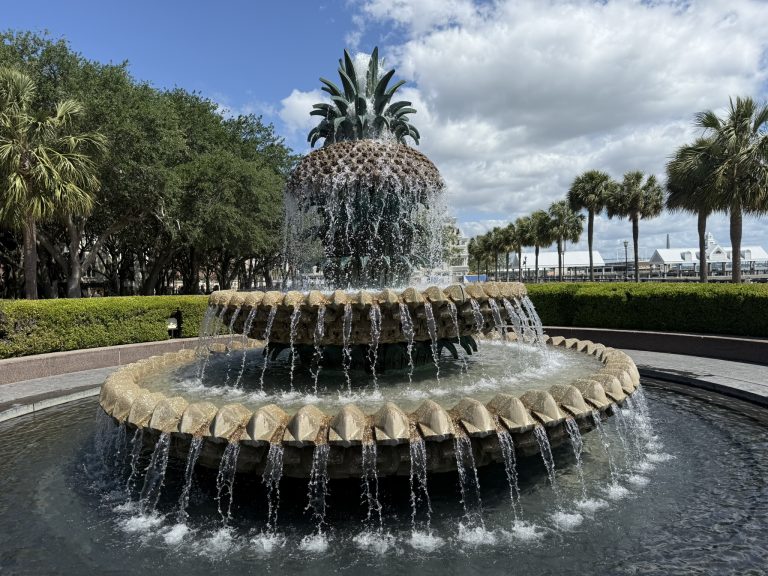 The famous Pineapple Fountain in Waterfront Park in Charleston, SC, as seen in is Charleston worth visiting.