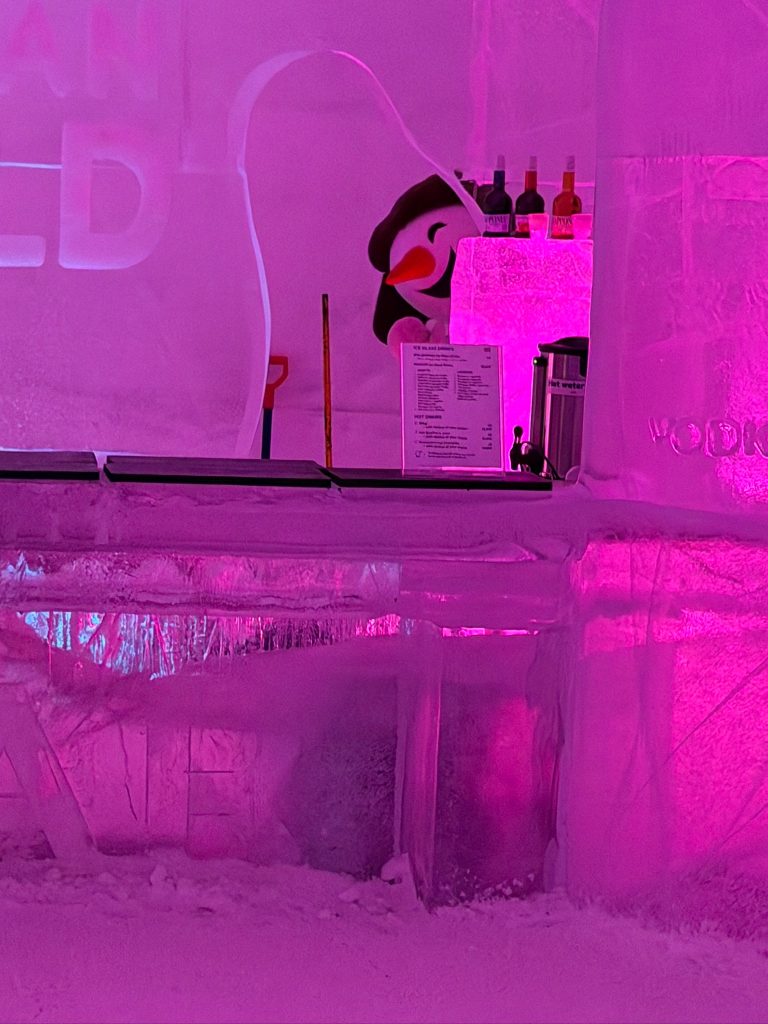 A snowman mascot in the Ice Bar at Snowman World in Santa's Village outside of Rovanemi, Finland as seen in the travel guide to Lapland