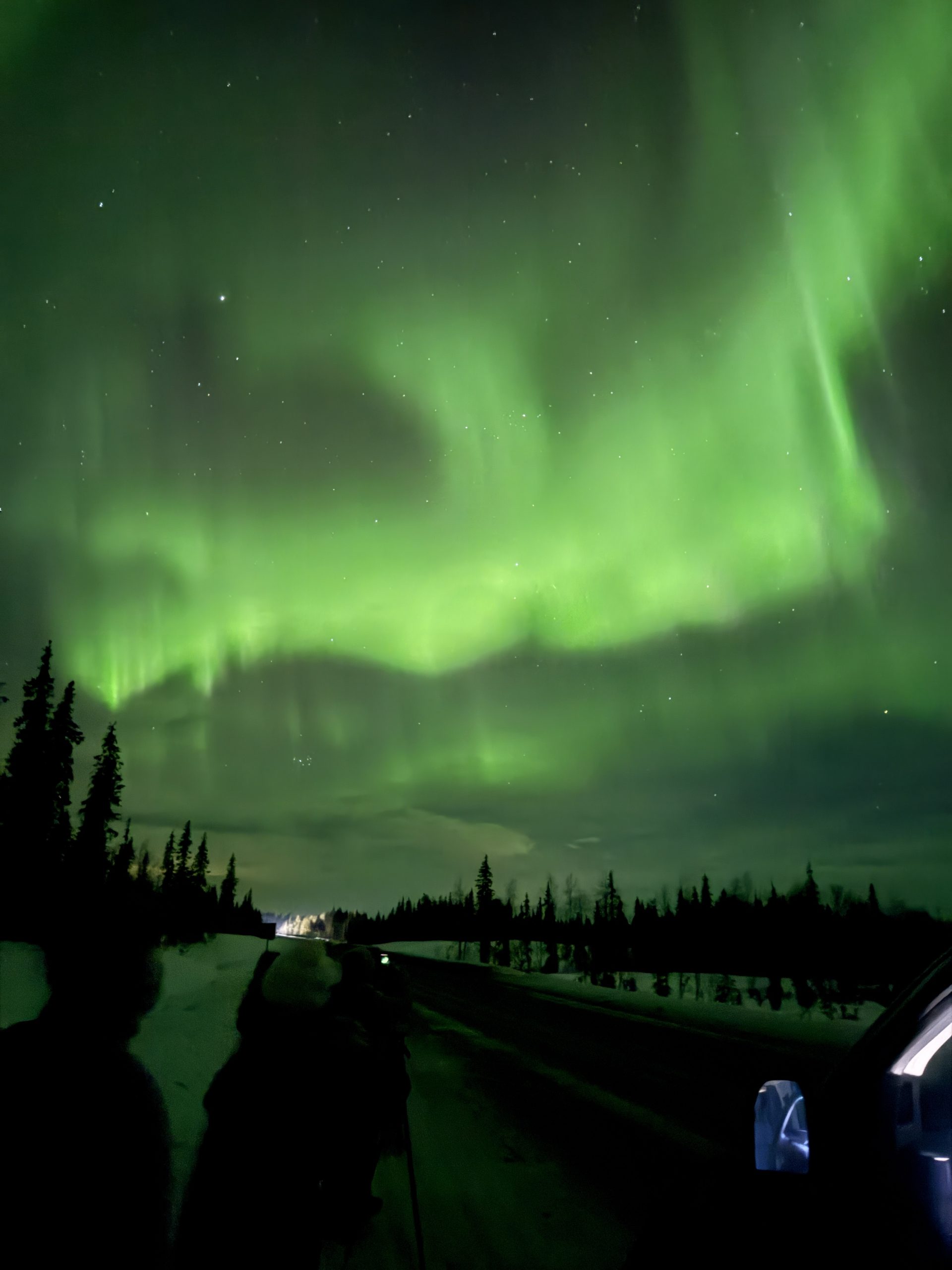 People viewing the extraordinary green and glowing Northern Lights in the travel guide to Lapland, Finland