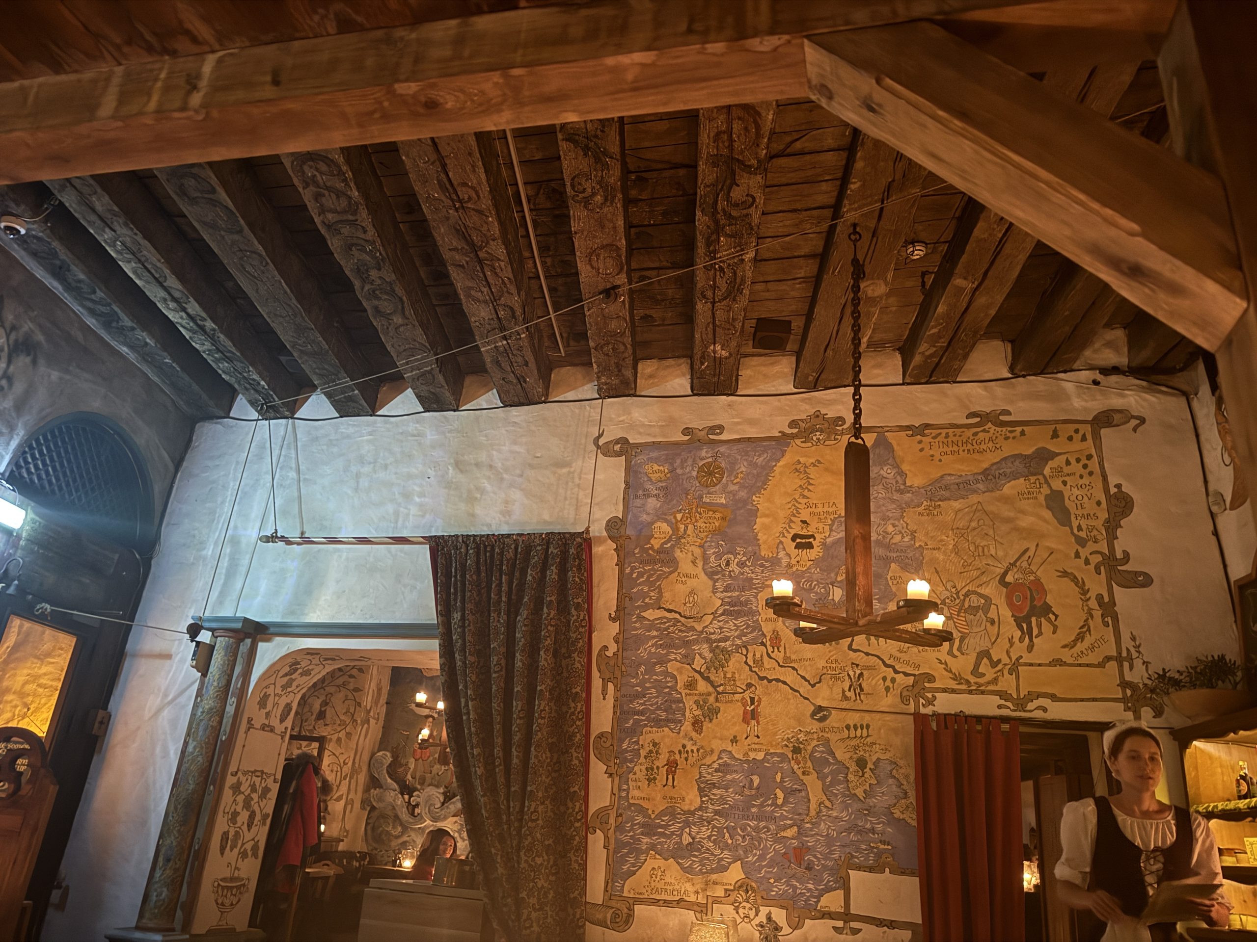 Medieval decorations and a employee dressed the part inside Old Hansa restaurant on the 2 days in Tallinn itinearary