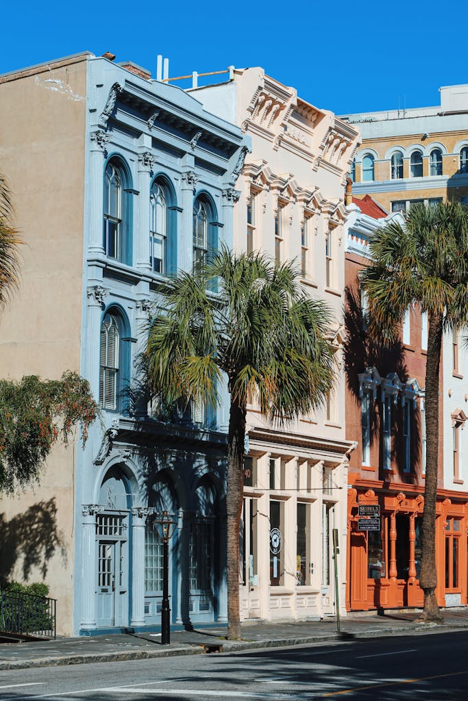 Vibrant historic townhouses with palm trees on a sunny street in Charleston, SC.