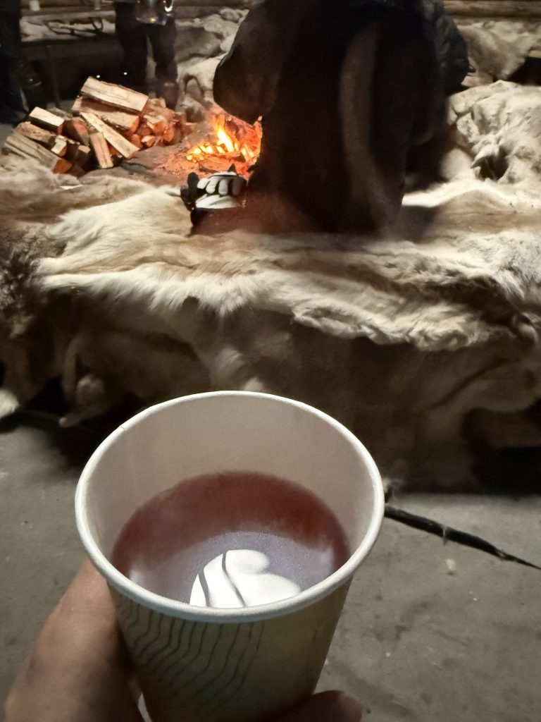 On the Reindeer Farm Experience in Lapland, Finland inside the Lauvvu, a close up of hot juice in a paper cup with a person sitting in front of me by the open wood fire in the center of the room