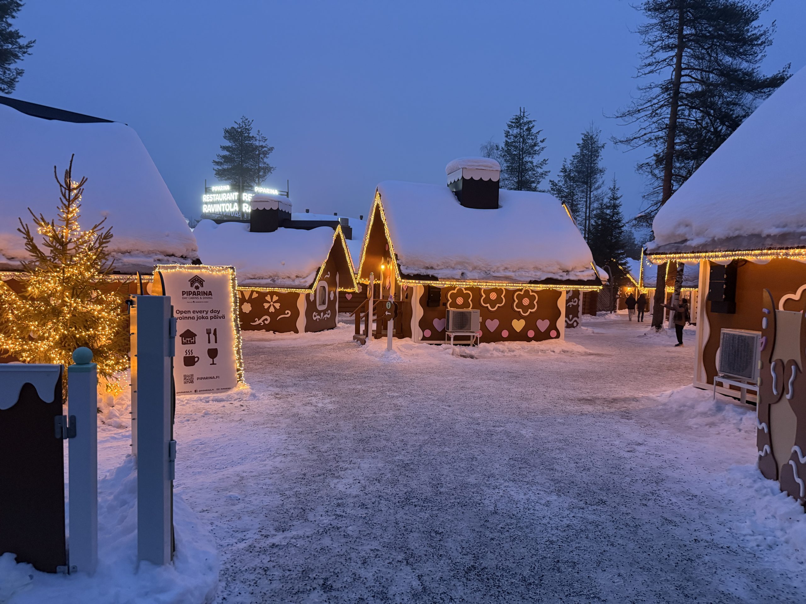 In Lapland, housing structures that look like lite up gingerbread houses in Santa Clause's Village near Rovaniemi.