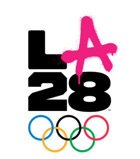 The LA28 Olympics Logo for planning your LA 2028 Olympic Trip. LA on top of 28 with the 5 rings of the Olympics below- blue, yellow, black, green and red