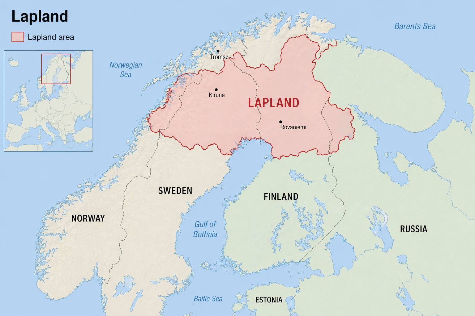 A map of the northern most parts of Europe including Scandinavia and parts of Russia, that outline where Lapland is in red