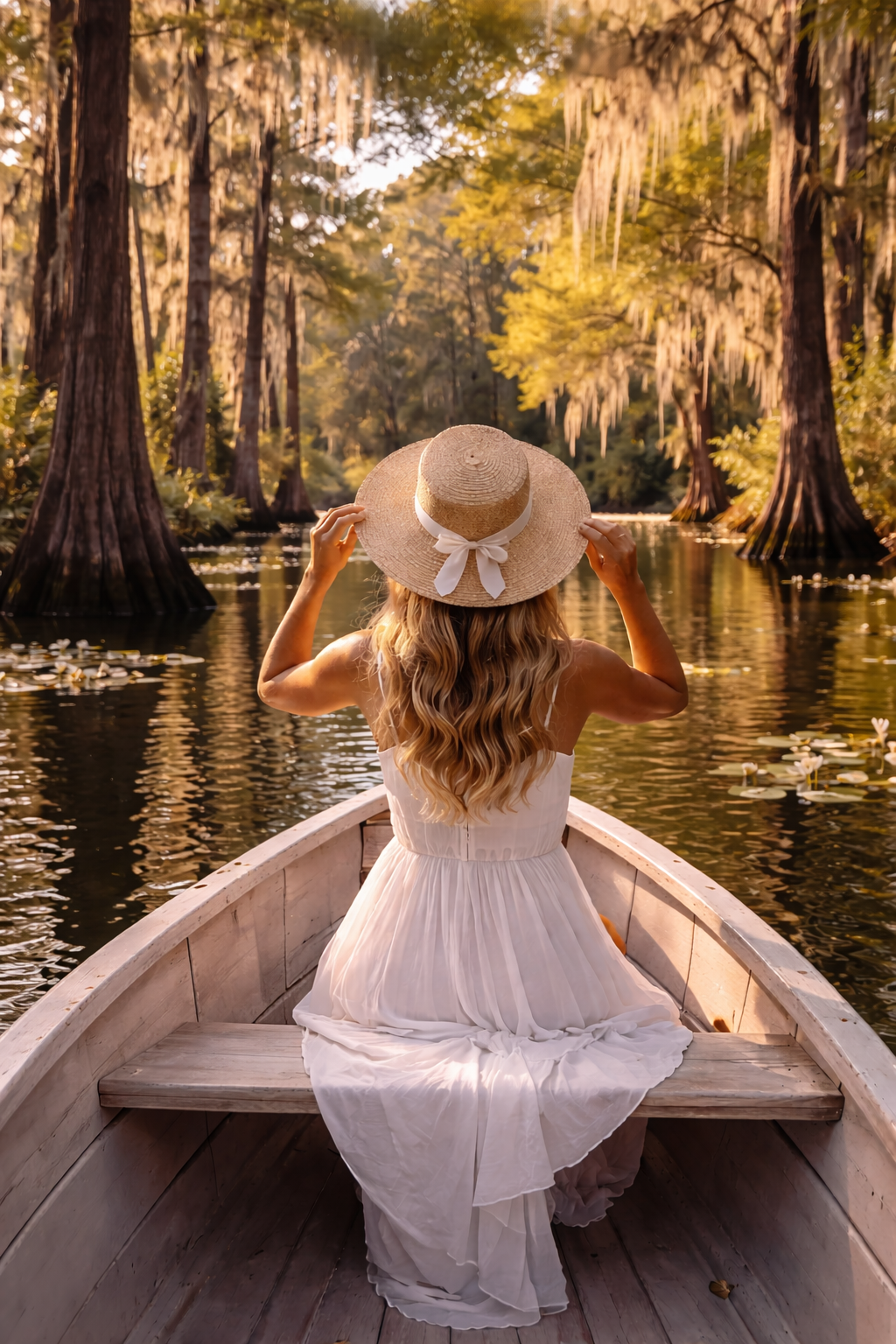 Flat-bottom rowboat on the self-guided water trail at Cypress Gardens SC, surrounded by lily pads and cypress trees
