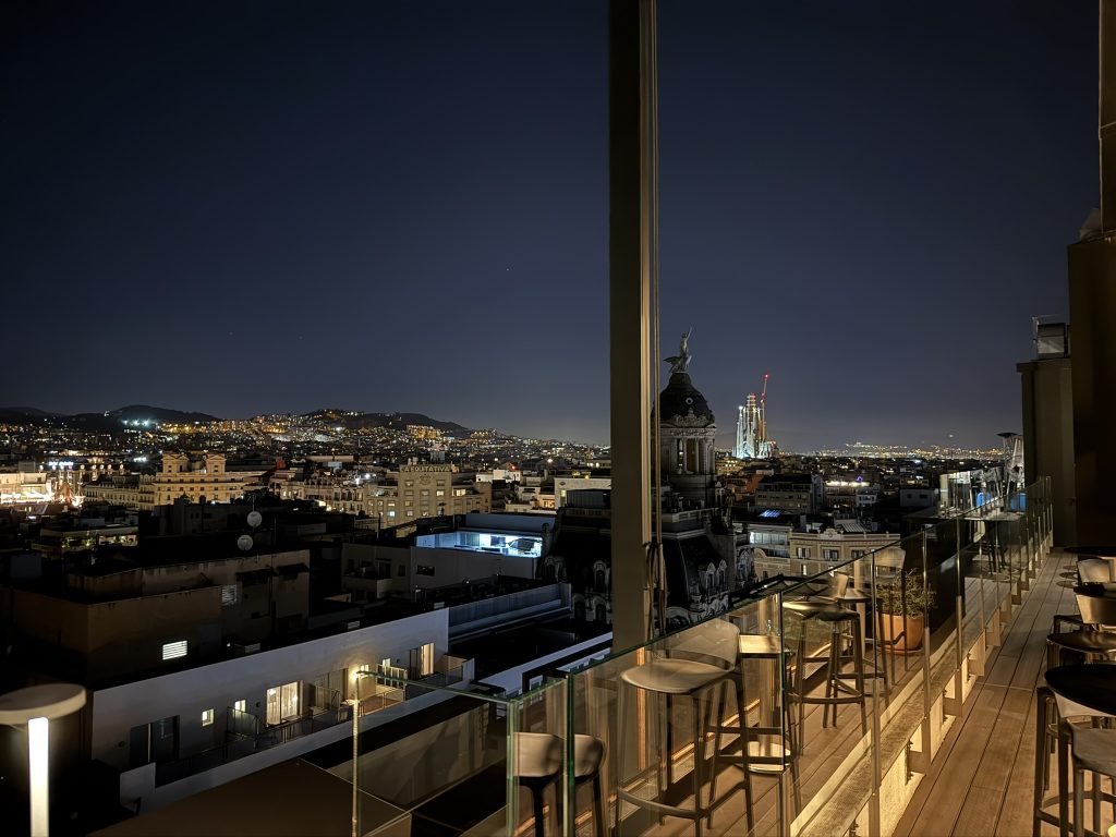 In collecting international travel tips we stayed at the NH Collection in Barcelona. This is the view from the rooftop bar of the city of Barcelona, Spain