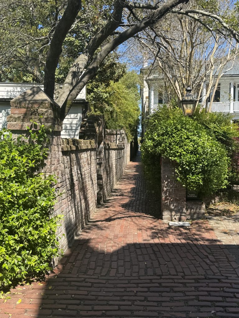 A hidden alleyway found in Charleston, SC surrounded by houses and greenery