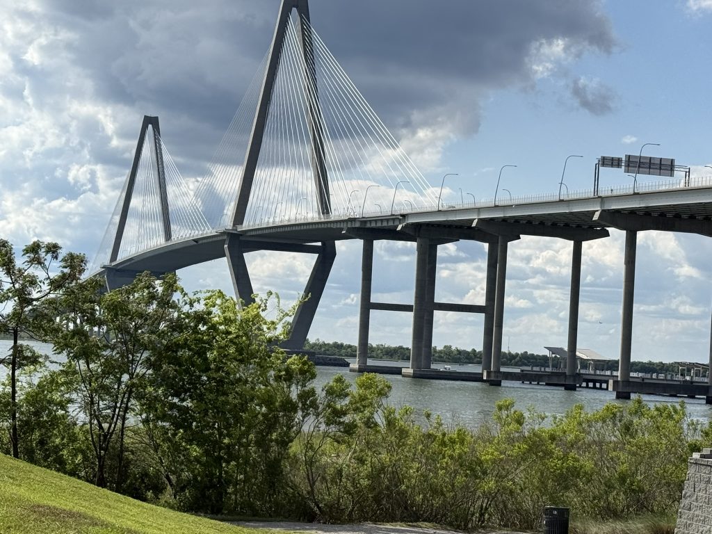 The Ravanel Bridge in Charleston, SC as seen from the park on the Mount Pleasant side while we were exploring free things to do in Charleston, SC