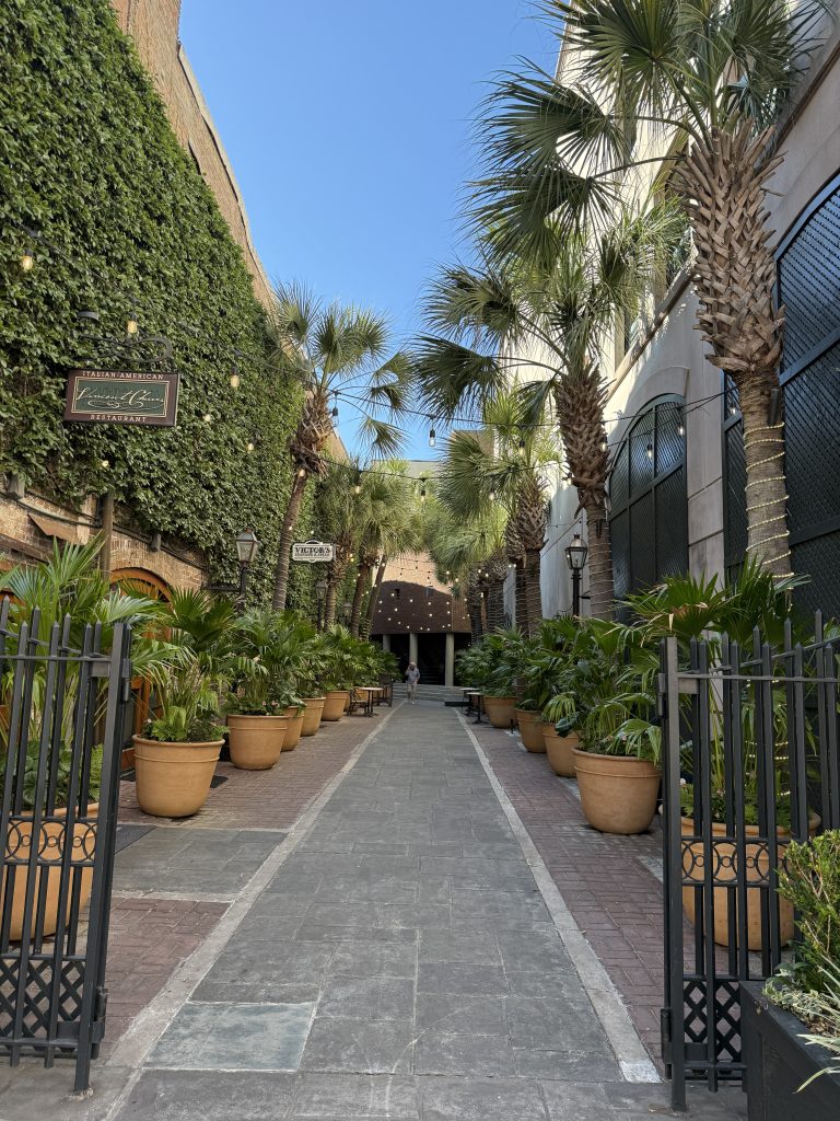 Aa view of Hutson Alley which is lined by restaurants and large potted plants and adorned by hanging lights and palm trees in Charleston, South Carolina.