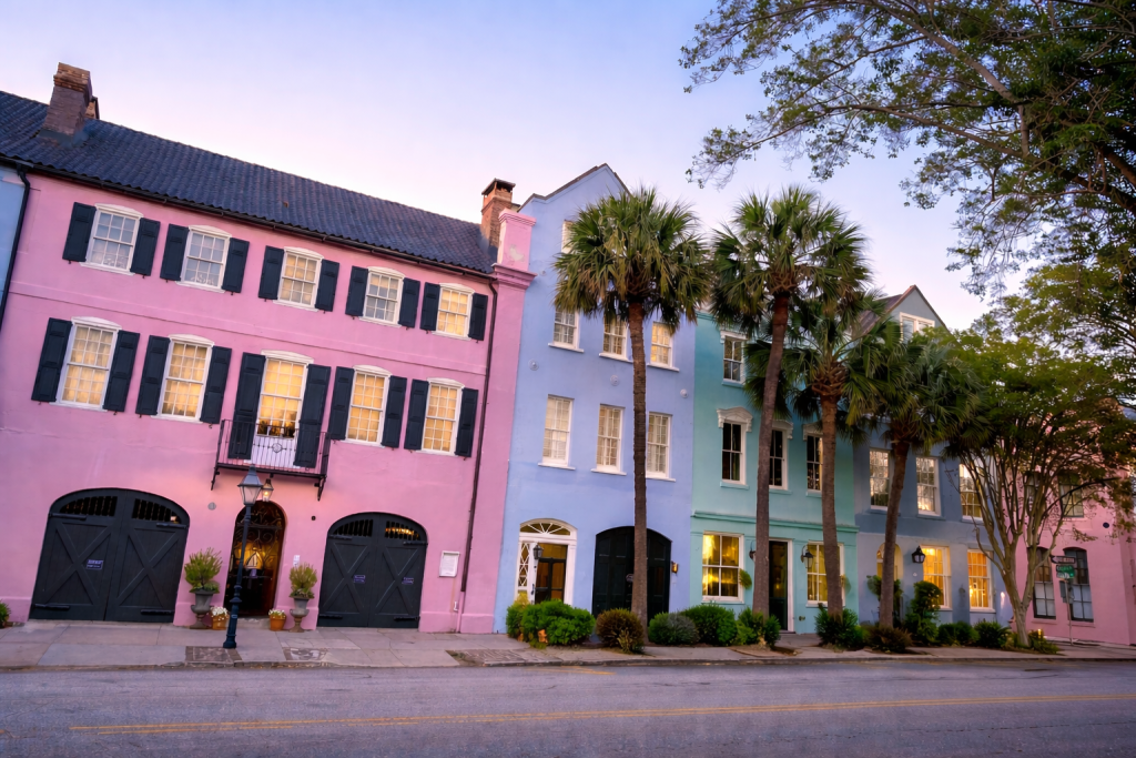 Looking for free things to do in Charleston, SC? Here is part of Rainbow Row in Charleston, SC as the sun is setting. Beautiful, colorful, and free!