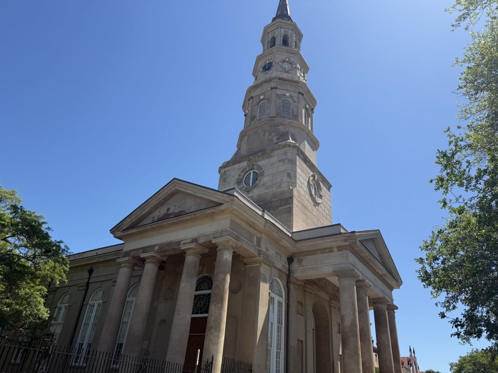Looking up at St. Phillips Church in Charleston, South Carolina on a bright summers day.