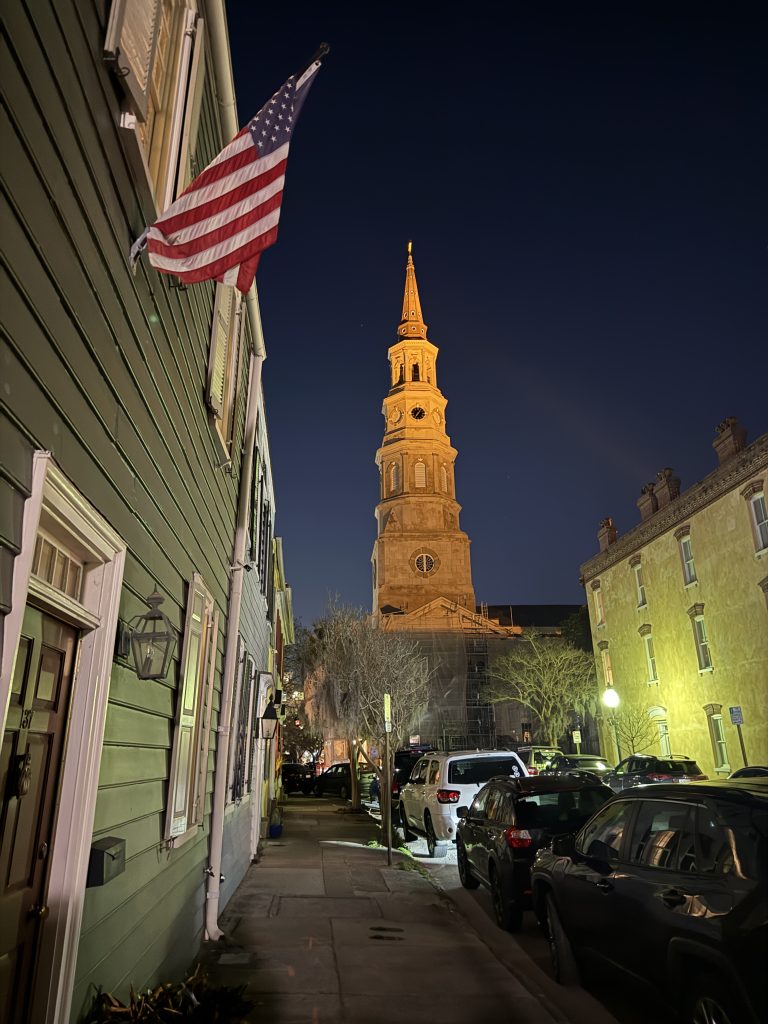 St. Phillips church steeple as seen from down the street in Charleston, SC