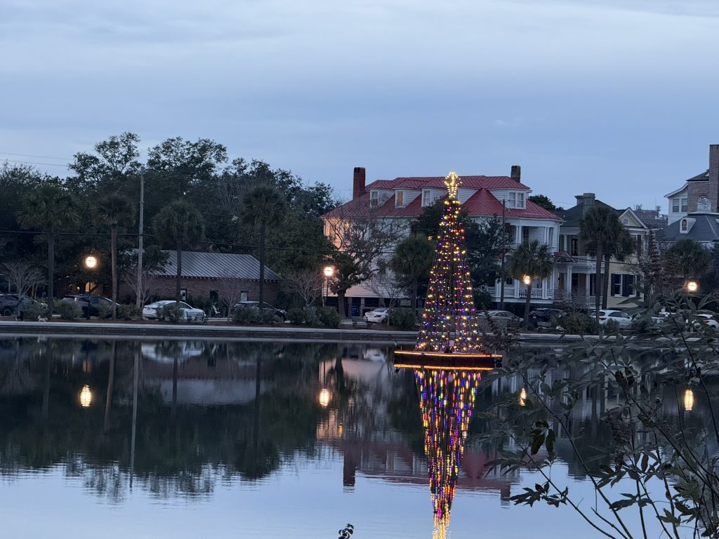 Colonial Lake in Charleston, SC decorated for Christmas as seen in a more residental area of downtown Charleston, South Carolina