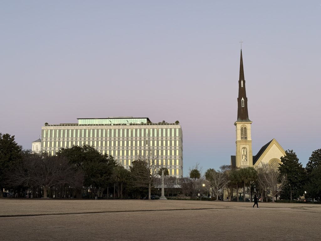 View across Marion Square in Charleston, South Carolina on a beautiful January evening