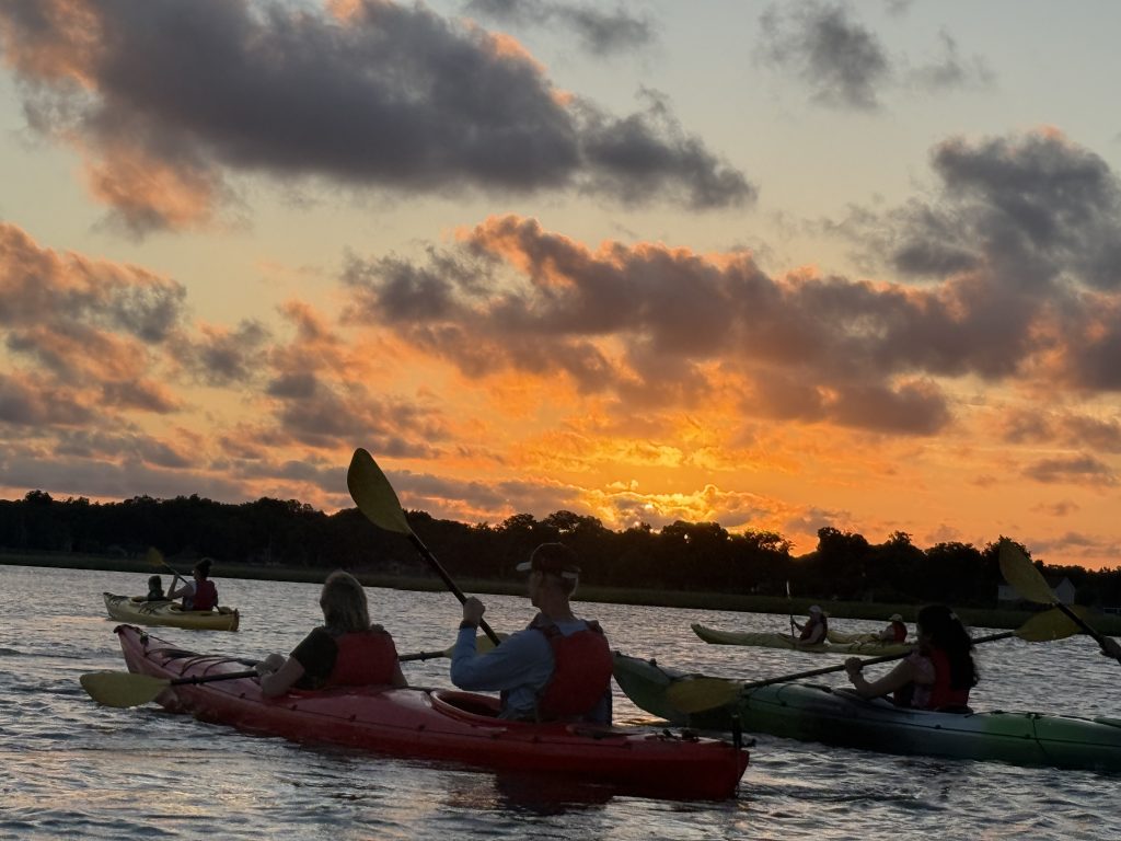 Trying to escape the heat in Charleston, South Carolina we are kayaking as the sun is setting