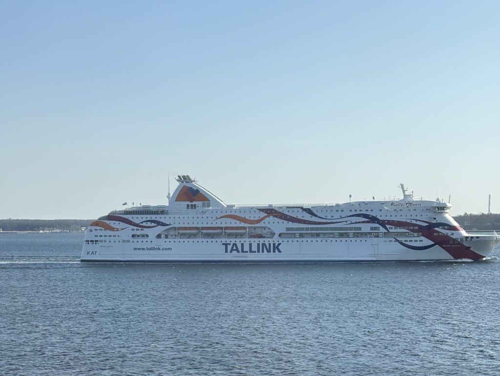 Ferry that takes you from Helsinki, Finland to Tallinn, Estonia. The ferry is gliding through the calm water on a clear winter day.