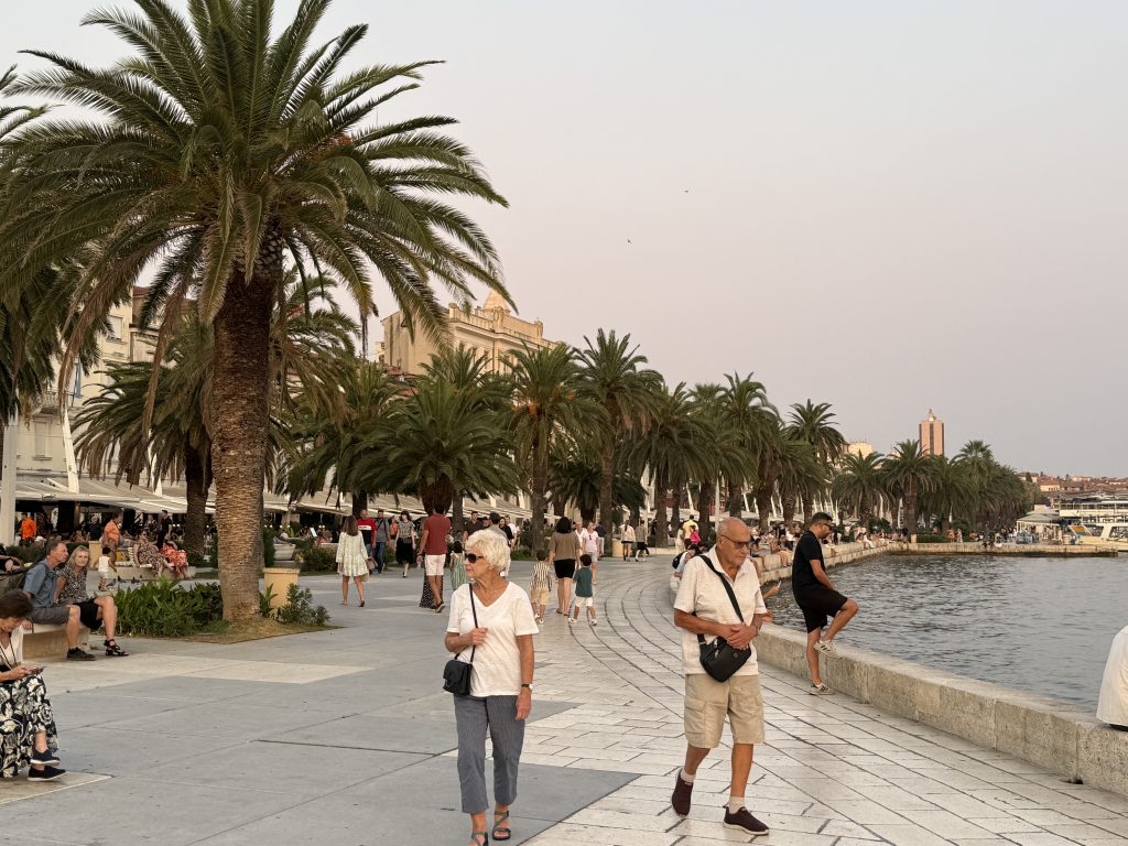 Palm-lined Riva Promenade in Split at sunset with people strolling along the harbor